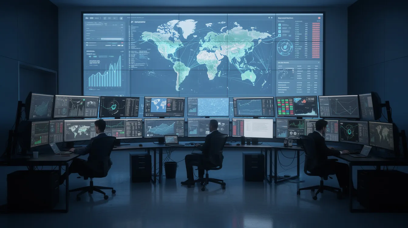 IT Cyber Security: Defending Data, Applications, and Critical Infrastructure 9 The image depicts a modern security operations center, where information security analysts monitor multiple screens displaying network dashboards in a dimly lit environment, focusing on identifying cybersecurity threats and managing access to protect sensitive data and digital assets. The setup emphasizes the importance of endpoint security and regular security audits to mitigate risks from evolving threats.