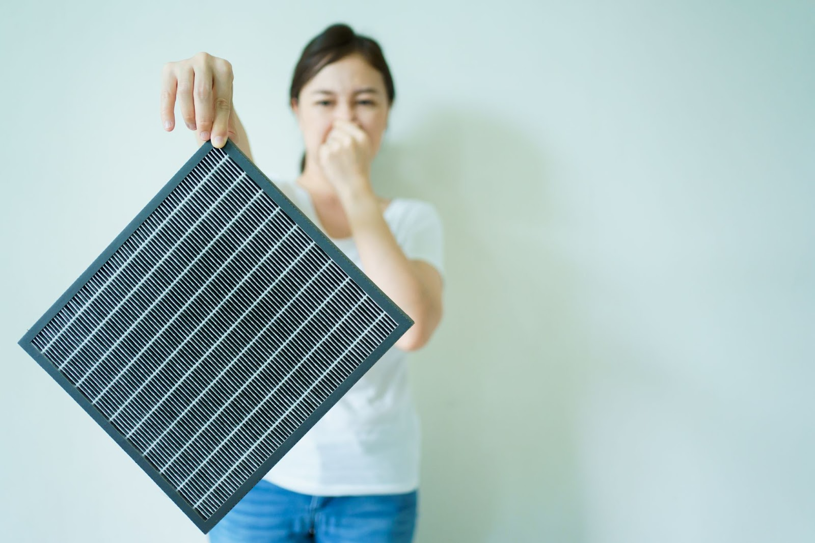 Image of someone holding up a dirty air purifier hepa filter while cleaning.