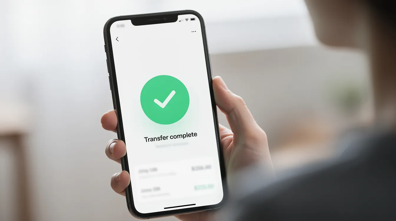 A person is holding a smartphone that displays a green checkmark confirmation screen, indicating the successful completion of an international money transfer through Indian Overseas Bank. The screen signifies that the funds have been sent, providing reassurance to the user.