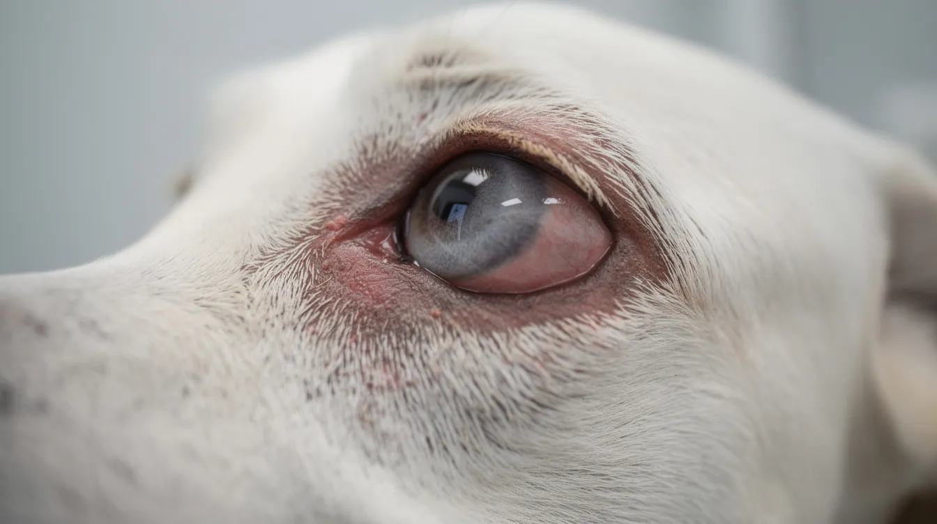 A close-up image of a dog's eye reveals clinical signs of glaucoma, including a reddened conjunctiva and a hazy cornea, indicating increased intraocular pressure. This condition can lead to vision loss if not addressed promptly by a veterinary ophthalmologist.