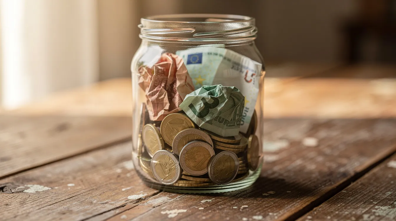 Ein Glas, gefüllt mit verschiedenen Münzen und Geldscheinen, steht auf einem Holztisch. Diese Darstellung symbolisiert Möglichkeiten, Geld zu verdienen, beispielsweise durch Online-Umfragen oder Produkttests auf Plattformen wie empfohlen.de.