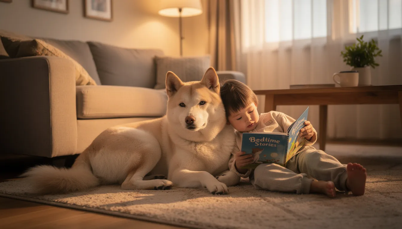 A Korean Jindo dog, known for its loyalty and gentle nature, is peacefully laying next to a child in a warm living room setting, surrounded by cozy furnishings. The scene captures the deep bond between the child and the medium-sized jindo, highlighting the dog's spitz-like appearance with its upright ears and lean body.