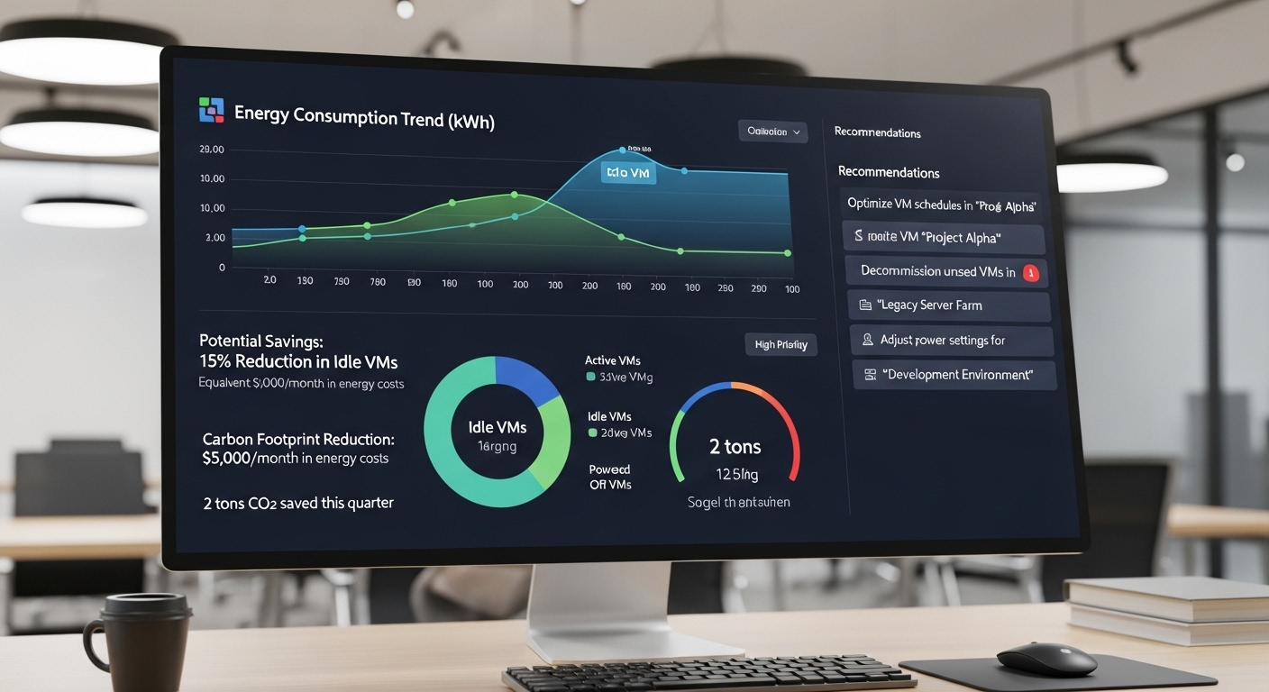 IT dashboard displaying AI-powered insights reducing idle virtual machines and energy waste.
