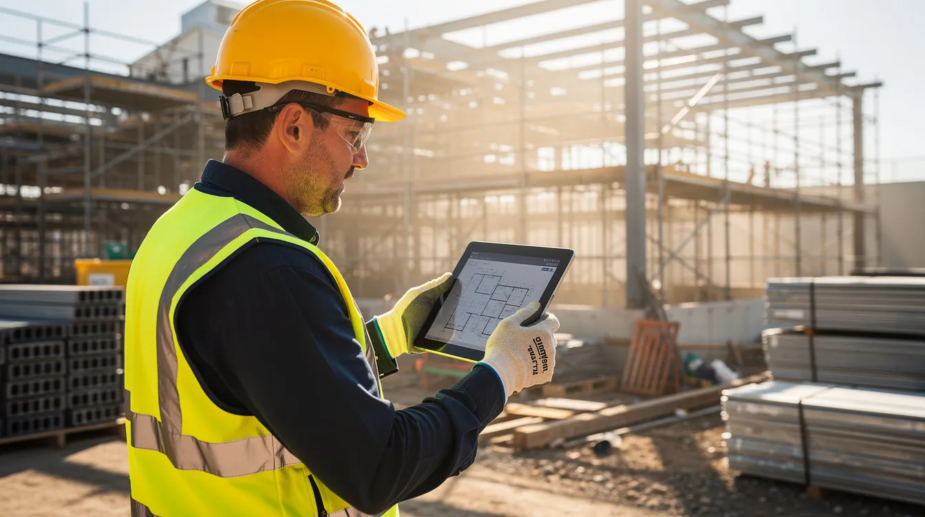 A construction professional is intently reviewing project plans on a tablet at a bustling building site, showcasing the intersection of the construction industry and digital marketing strategies. This scene emphasizes the importance of utilizing technology in construction businesses to enhance project management and engage potential customers effectively.