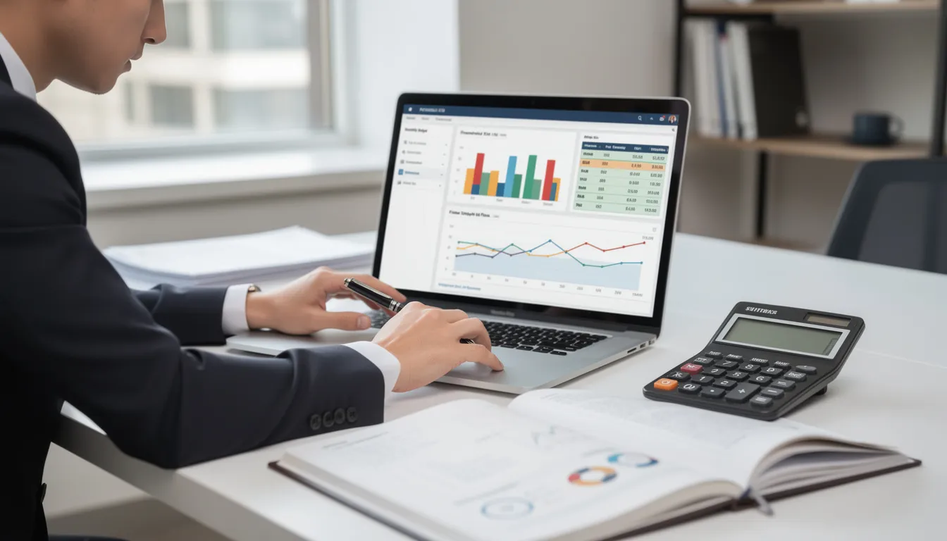 The image depicts a professional sitting at a desk equipped with a notebook, calculator, and a laptop displaying financial planning tools, indicative of forex trading strategies and market analysis in the foreign exchange market. This setting suggests a focus on risk management and understanding currency price movements for effective trading decisions.