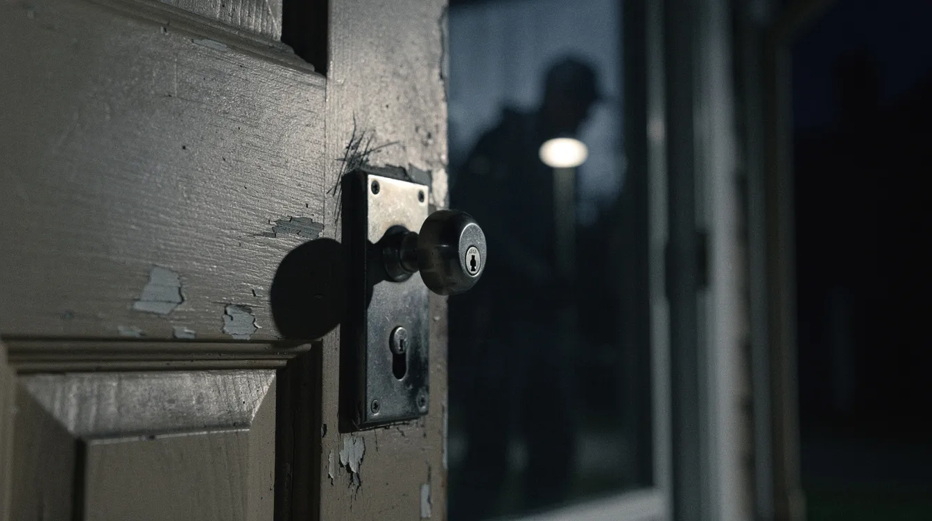 A front door with a visible deadbolt lock, representing common entry points for burglars.