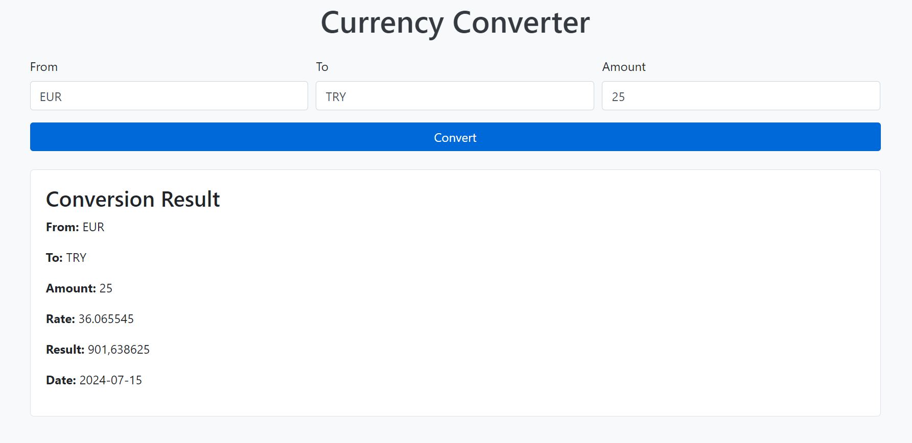 currency conversion dashboard of the currency converter application