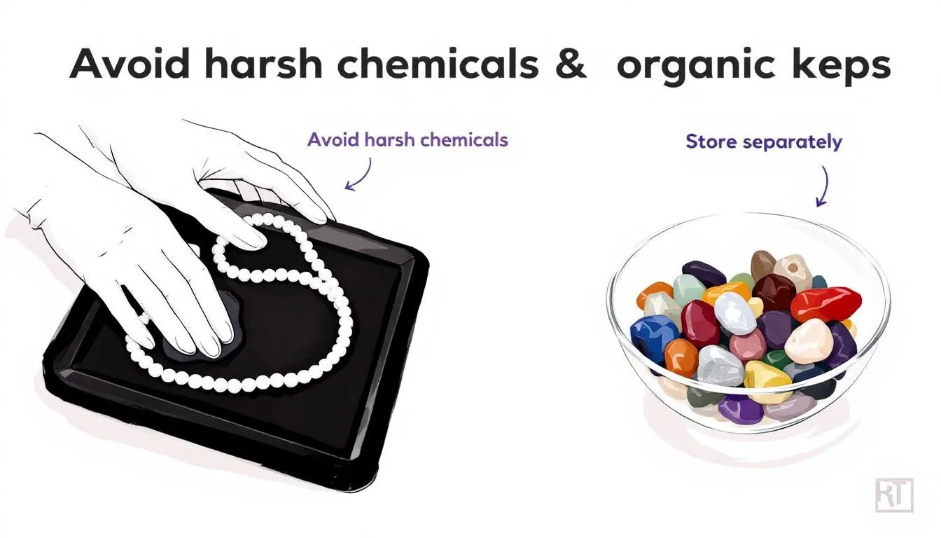 The image depicts a variety of organic gemstones and pearls being cared for, showcasing a soft bristled brush and a damp cloth used for gentle cleaning. A jewellery box is visible, emphasizing the importance of storing your jewellery properly to maintain the natural lustre and avoid build-up from dirt and oils.