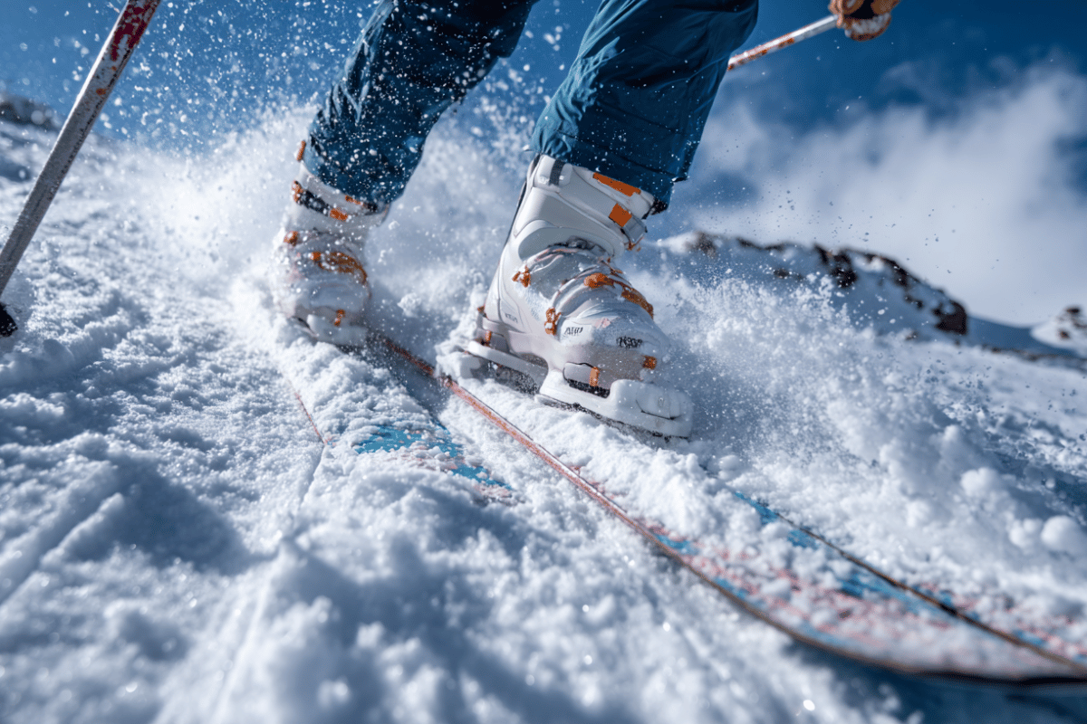Close-up of a ski instructor’s feet carving through fresh snow, tall socks showing above the boots as powder sprays across a sunny mountain slope.
