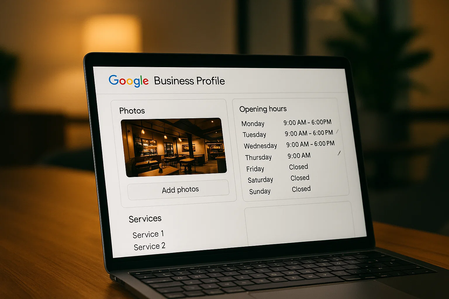 Laptop showing a Google Business Profile being updated with photos and opening hours.