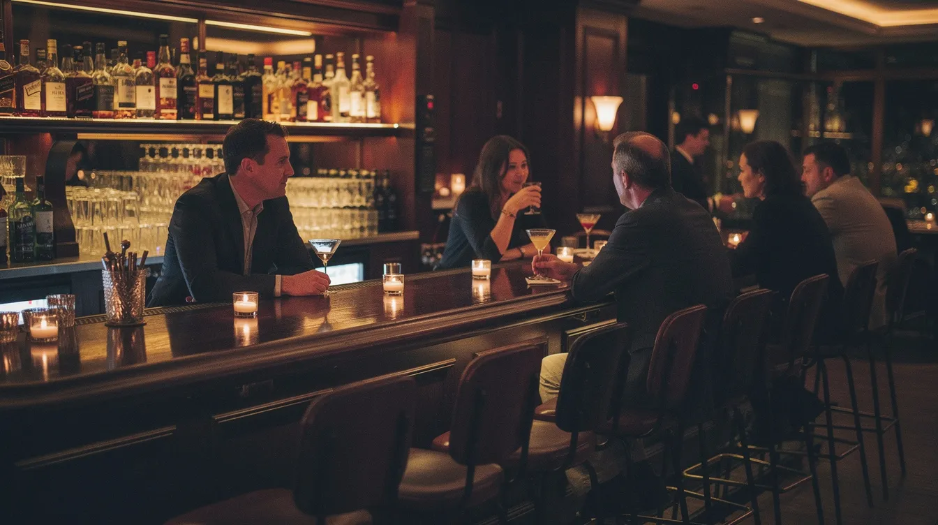 The image depicts a cozy cocktail bar interior, dimly lit with flickering candles, where guests are seated at a long bar enjoying signature cocktails. The atmosphere is lively, with people engaged in conversation, creating a perfect environment for date nights or meeting new friends in one of Williamsburg's best bars.