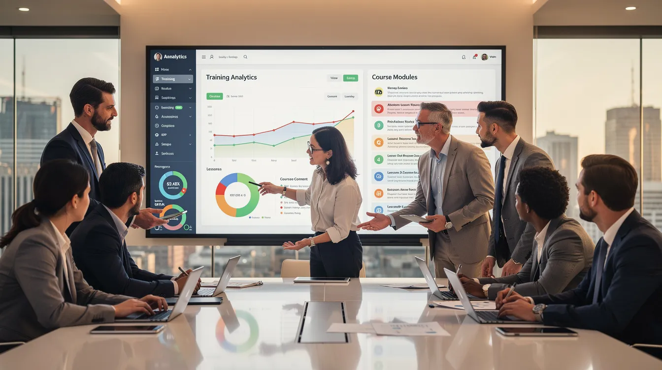 A diverse team is collaborating around a large digital screen that displays training analytics and course content, highlighting their focus on custom elearning development and learner outcomes. They are actively discussing strategies to enhance online training courses and improve employee skills through effective instructional design. A diverse team is collaborating around a large digital screen that displays training analytics and course content, highlighting their focus on custom elearning development and learner outcomes. They are actively discussing strategies to enhance online training courses and improve employee skills through effective instructional design.