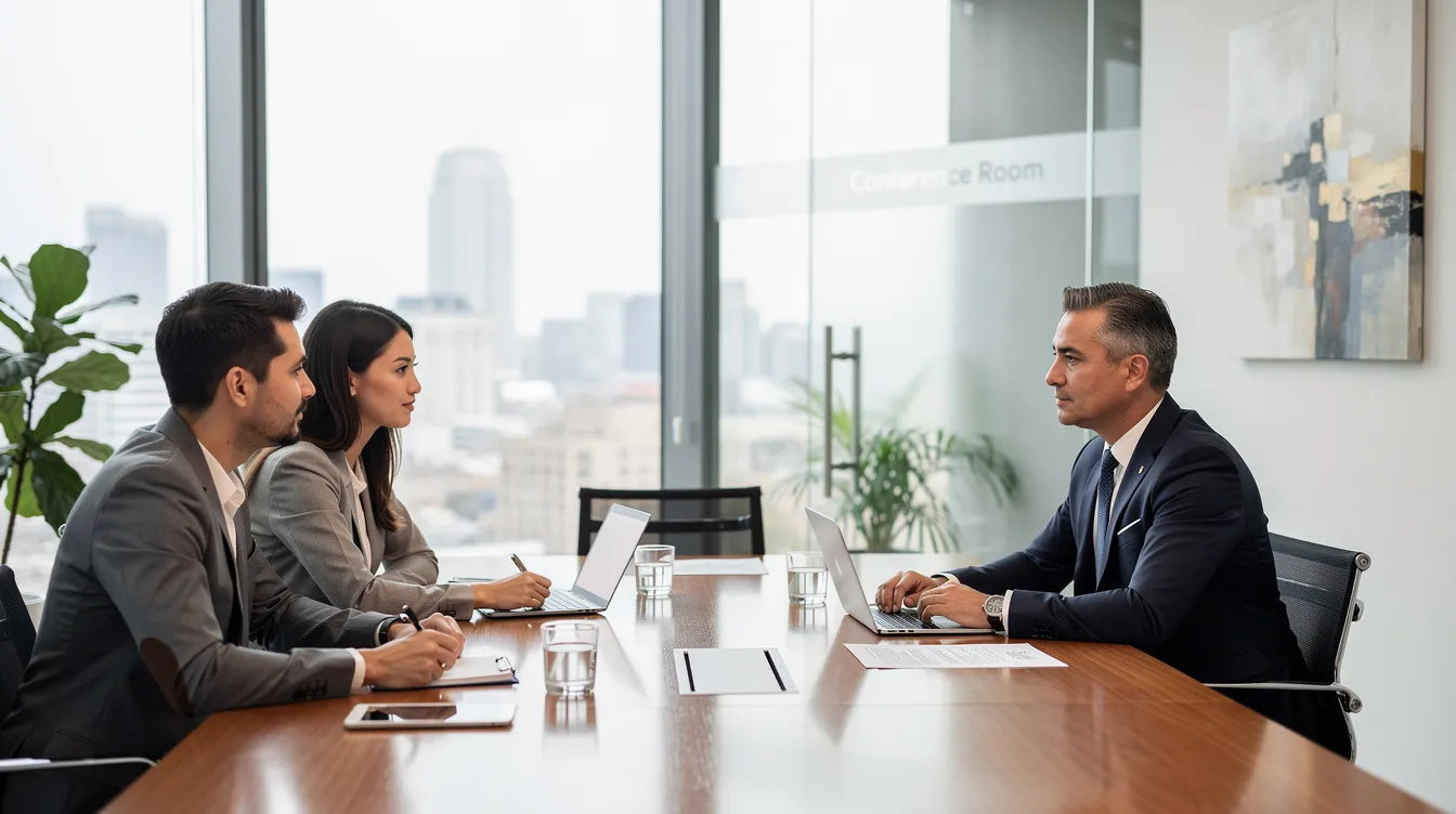 A professional attorney is meeting with clients in a modern office setting, discussing the trust administration process and providing legal guidance on estate planning. The atmosphere is collaborative, reflecting the attorney's commitment to fulfilling fiduciary duties and addressing the clients' best interests.
