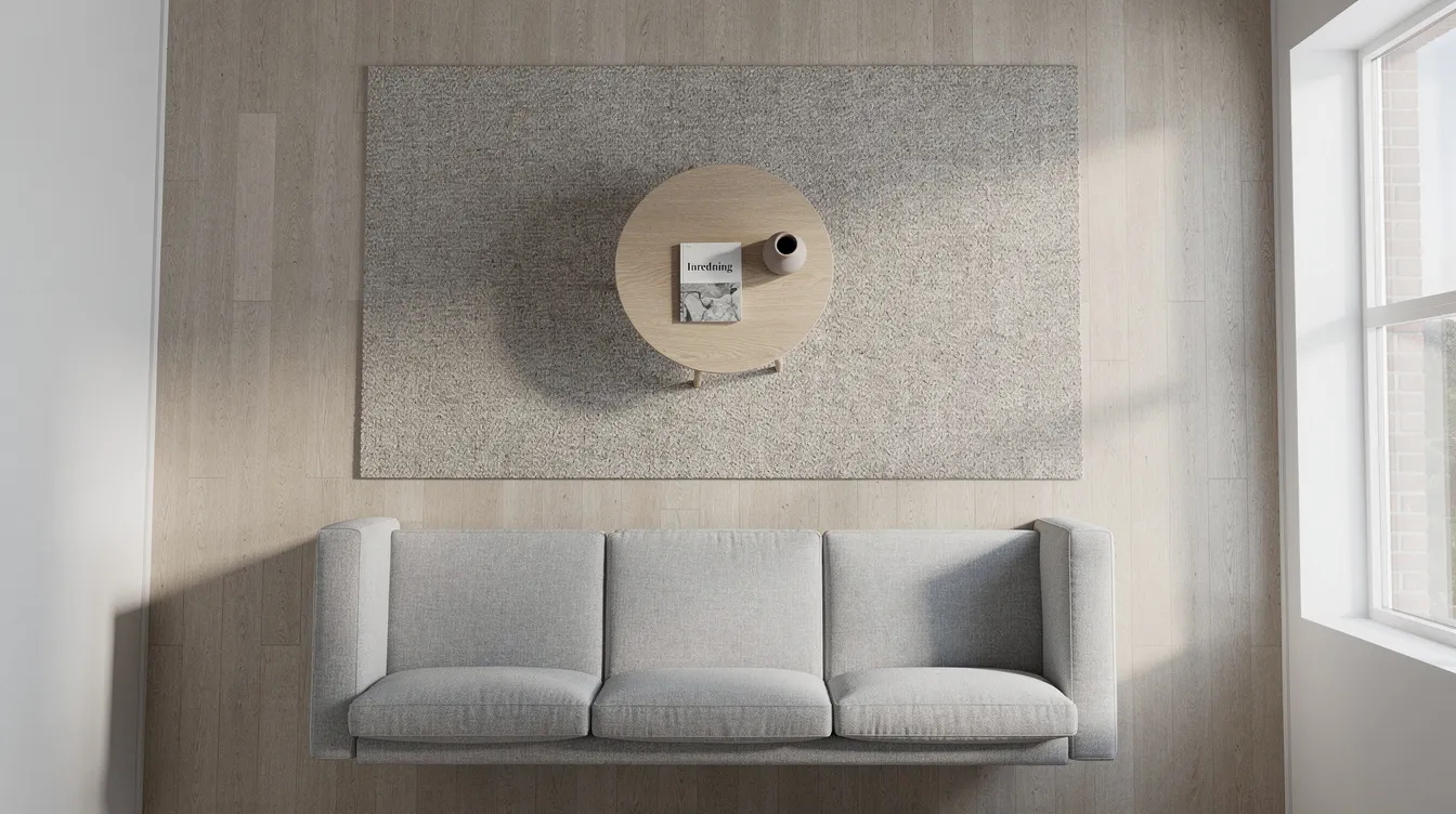 En ovanifrånbild av ett vardagsrum visar en soffa i mitten, omgiven av en stor matta och ett runt soffbord med en diameter på 80 cm. Rummet har en harmonisk inredning med trä- och metalldetaljer, vilket skapar en hemtrevlig atmosfär.