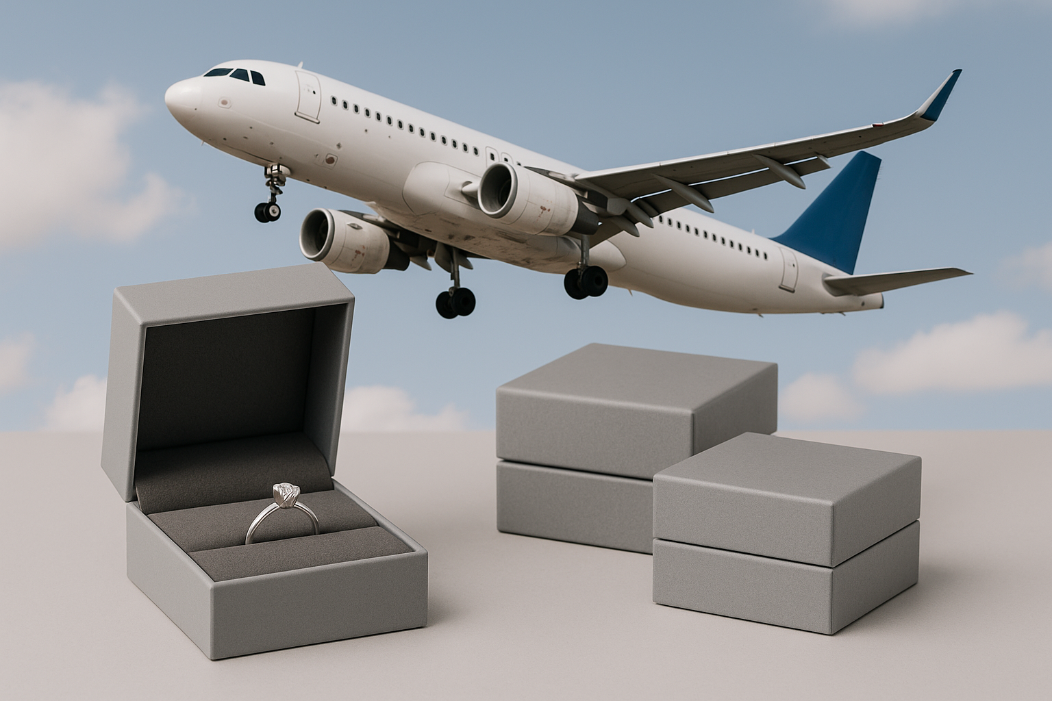 Juvelyrinių dirbinių pristatymas lėktuvu – pirmame plane pilkos dėžutės su deimantiniu žiedu, fone skrendantis keleivinis lėktuvas mėlyname danguje
