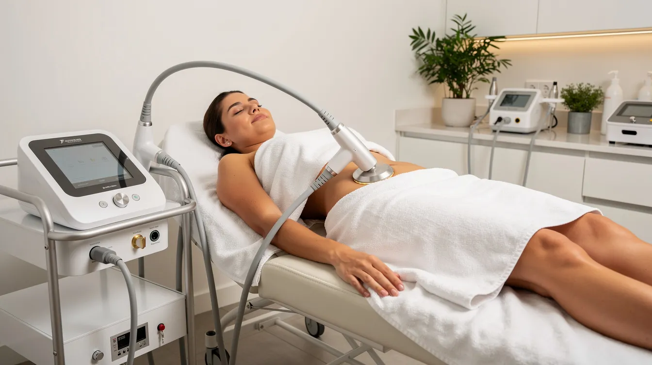 A person is lying comfortably on a treatment bed in a modern medical spa, undergoing a non-invasive body contouring session with an applicator placed on their abdomen to help eliminate fat cells. The serene environment suggests a focus on fat reduction and body sculpting treatments, promoting smoother skin and enhanced body contours.