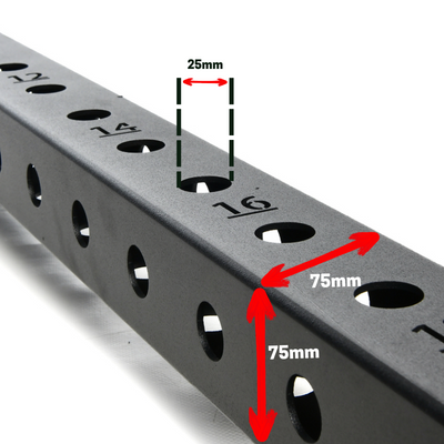 close up showing sizes of box section and diameter of attachent holes