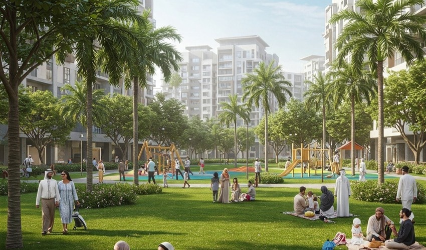 Families enjoying green spaces and community living in JVC Dubai.