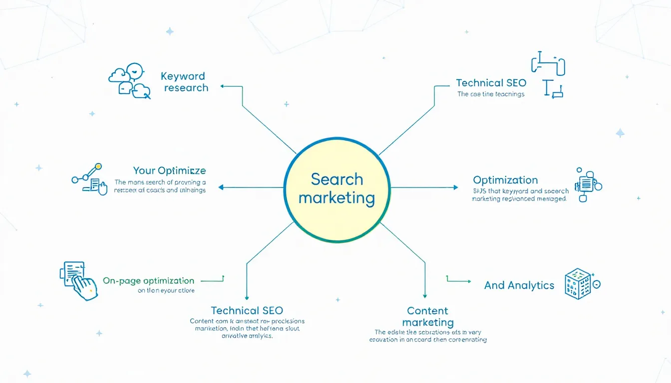 In the image, a group of digital marketing experts is collaborating around a table, discussing advanced search marketing strategies to enhance online visibility and improve search engine rankings. They are analyzing data analytics and brainstorming ideas for a content marketing strategy aimed at boosting website traffic and generating leads for ambitious brands.