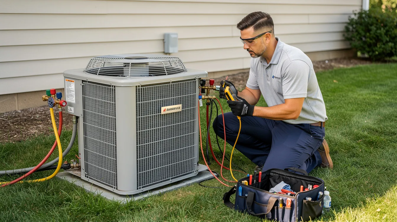 An HVAC technician is inspecting an outdoor condenser unit, equipped with various tools, ensuring the efficiency and reliability of the 3 ton AC unit as part of the complete HVAC system. The technician checks for proper temperature control and quiet operation while assessing the installation.