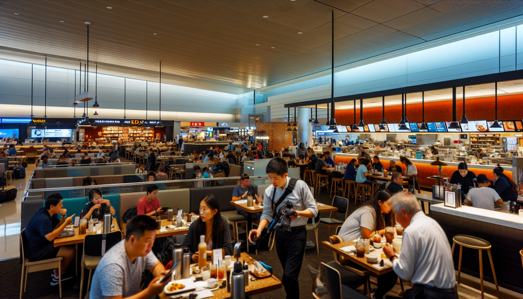 Dining area with passengers at Terminal A, Newark Airport