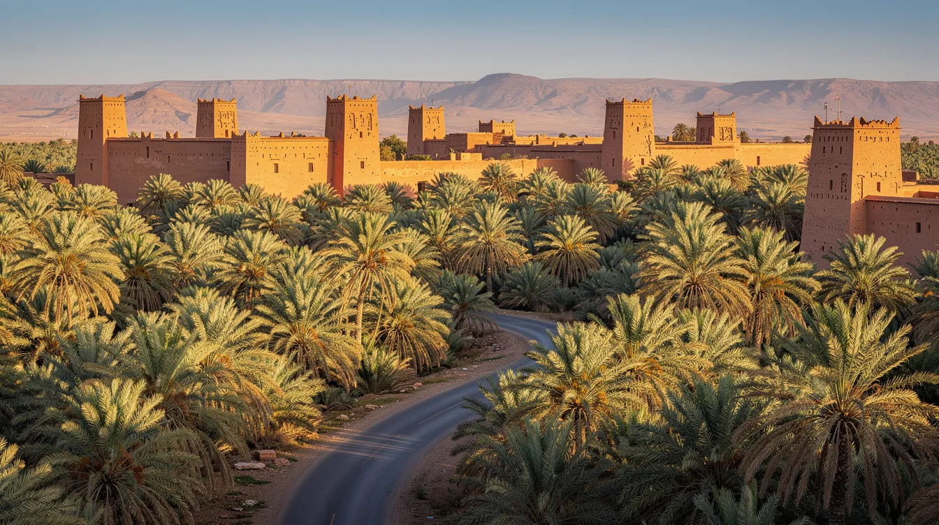 A palm grove valley with traditional Moroccan kasbahs and a winding road.