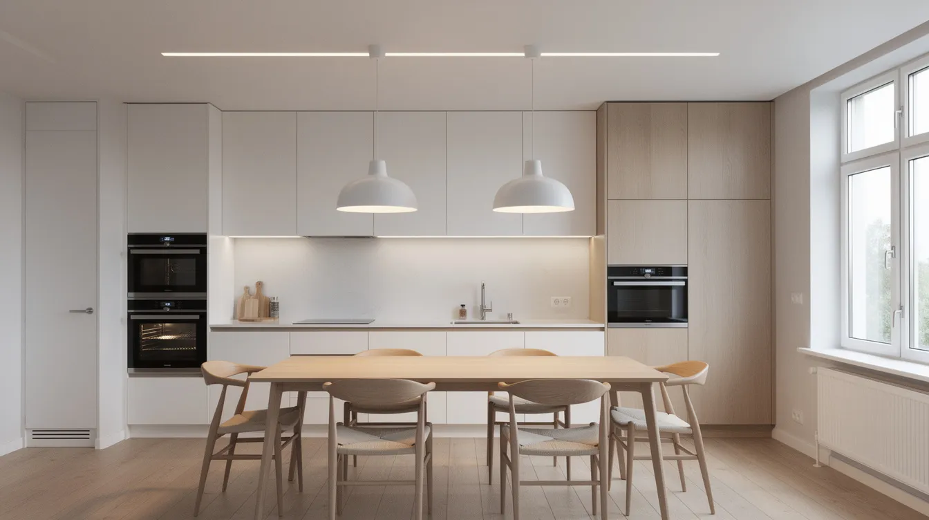En modern köksmiljö med stiliga pendellampor hängande över ett matbord och en LED-plafond i taket som ger ett jämnt och behagligt ljus. Rummet är inrett för att skapa en funktionell och trevlig atmosfär, perfekt för både måltider och samvaro.