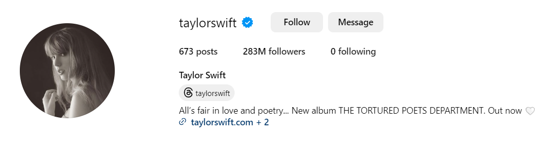 Taylor Swift's Instagram bio with her latest work