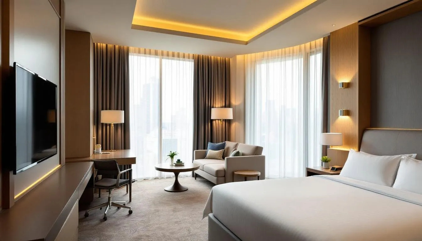 A beautifully arranged hotel room featuring luxurious amenities and elegant decor, perfect for travelers looking for a comfortable stay in popular destinations. The image highlights plush bedding, stylish furnishings, and inviting lighting, showcasing the essence of high-end hotel experiences.