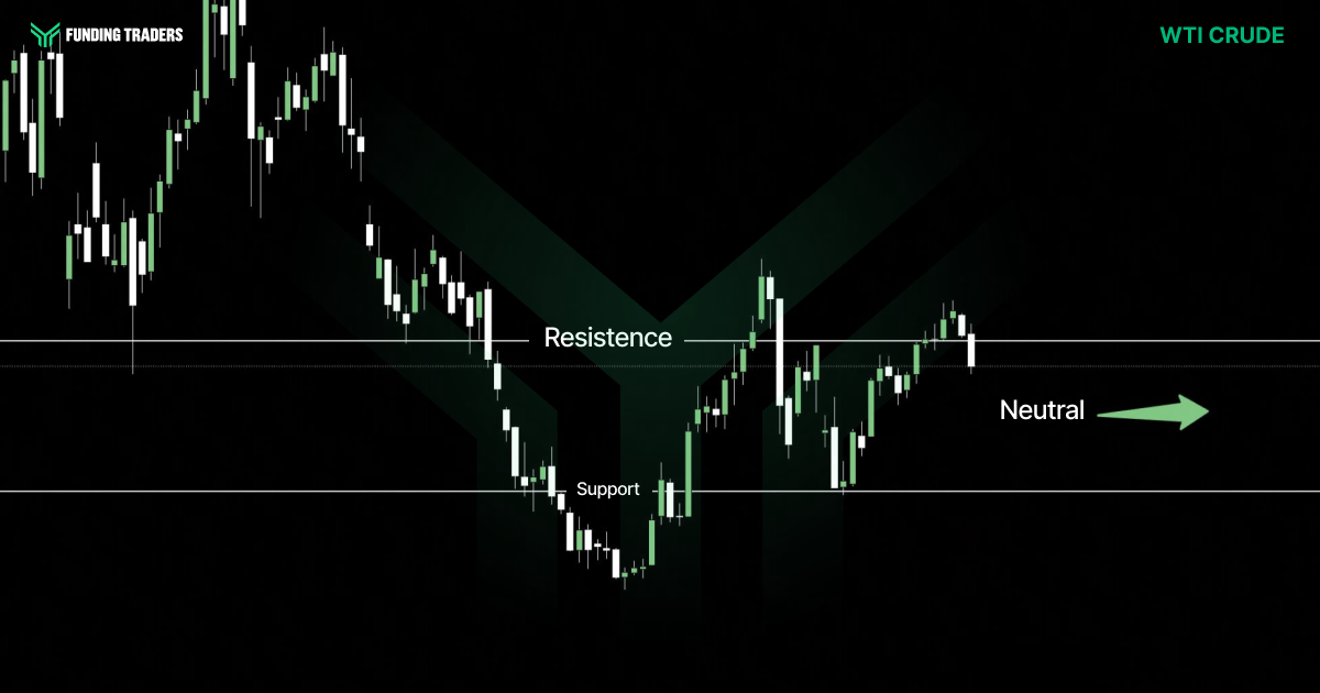 Dark Funding Traders candlestick chart for WTI Crude, showing a decline from the highs down through resistance to a base at the support line, then a recovery back up to the resistance zone where price is stalling, with a green sideways arrow labeled "Neutral" at the right. Labels read "FUNDING TRADERS," "WTI CRUDE," "Resistence," "Support," and "Neutral."