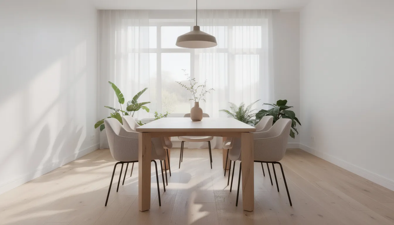 Een lichte eetkamer met een ovale eettafel van hout en moderne stoelen, omringd door grote ramen die veel daglicht binnenlaten. De ruimte straalt een gezellige sfeer uit, perfect voor intieme gesprekken en grote gezelschappen.