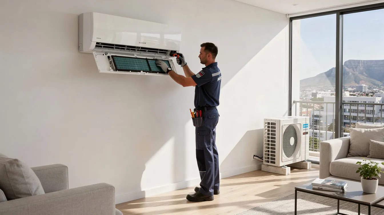 The image features a professionally installed inverter split-system air conditioner in a modern Cape Town home, showcasing the latest technology for effective cooling. The air conditioning system is designed to ensure a pleasant indoor environment while avoiding damaging leaks and wear over time.