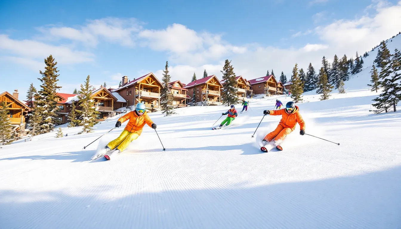 Skiers are having fun on fresh powder at Brian Head Resort, with cozy mountain cabins visible in the background, showcasing the beautiful winter landscape of southern Utah. This great location is perfect for families looking to enjoy skiing and other winter activities.