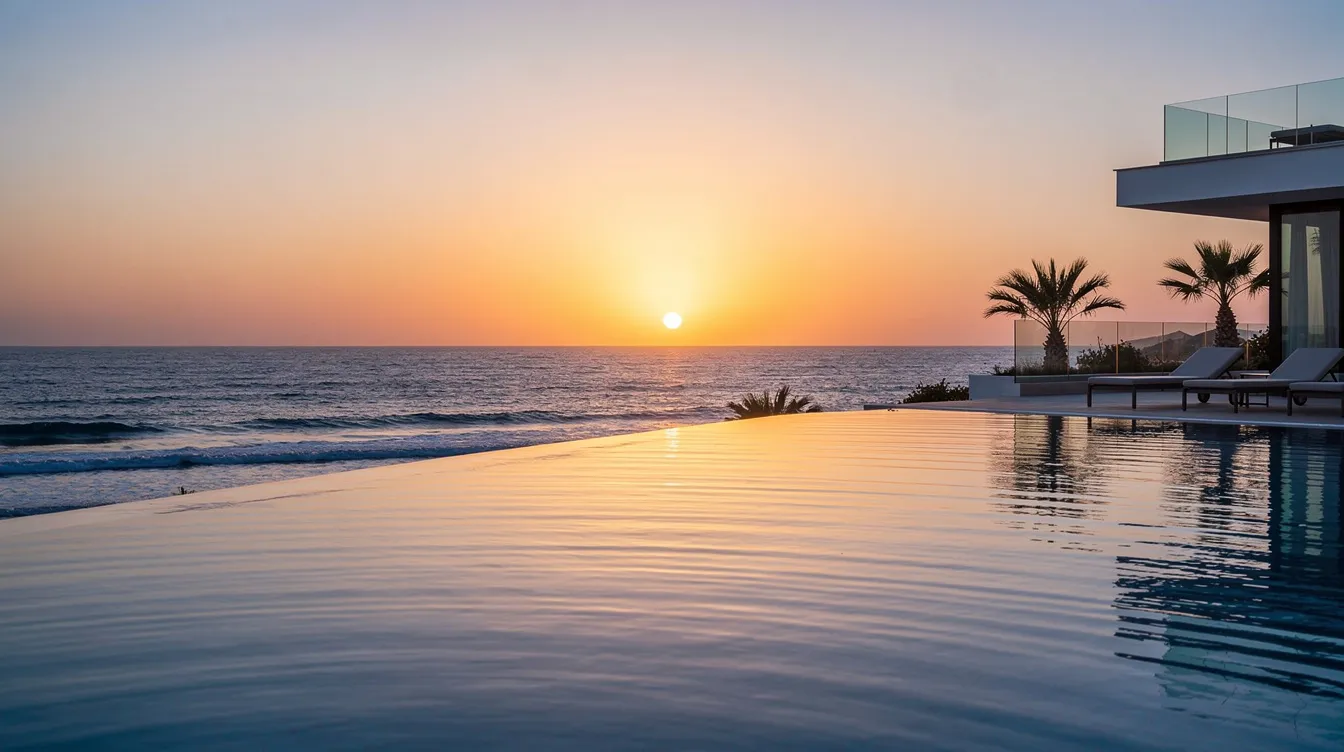 Ein Infinity-Pool eines Hotels auf Malta bietet einen atemberaubenden Blick auf das tiefblaue Mittelmeer, während die Sonne am Horizont untergeht. Diese malerische Szene verkörpert die Ruhe und Schönheit des Inselstaates und ist ein ideales Ziel für Urlauber, die die Kultur und Landschaften Maltas erleben möchten.