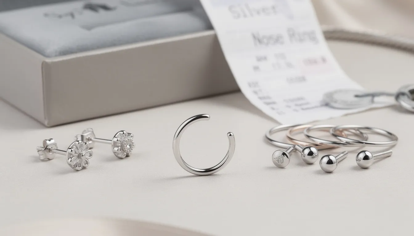 The image features a collection of various silver nose rings, including minimalist hoops and ornate studs, showcasing their stylish designs and smooth finishes. These sterling silver nose rings are perfect for everyday wear, especially for those with sensitive skin, and are displayed alongside packaging and a receipt to emphasize authenticity and quality.