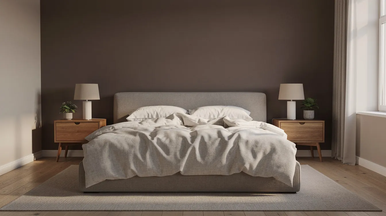 De afbeelding toont een slaapkamer met een donkere taupe accentwand achter het bed, die een serene sfeer creëert. De lichte lakens en houten nachtkastjes combineren mooi met de taupe tinten, wat zorgt voor een rustgevende uitstraling in het interieur.