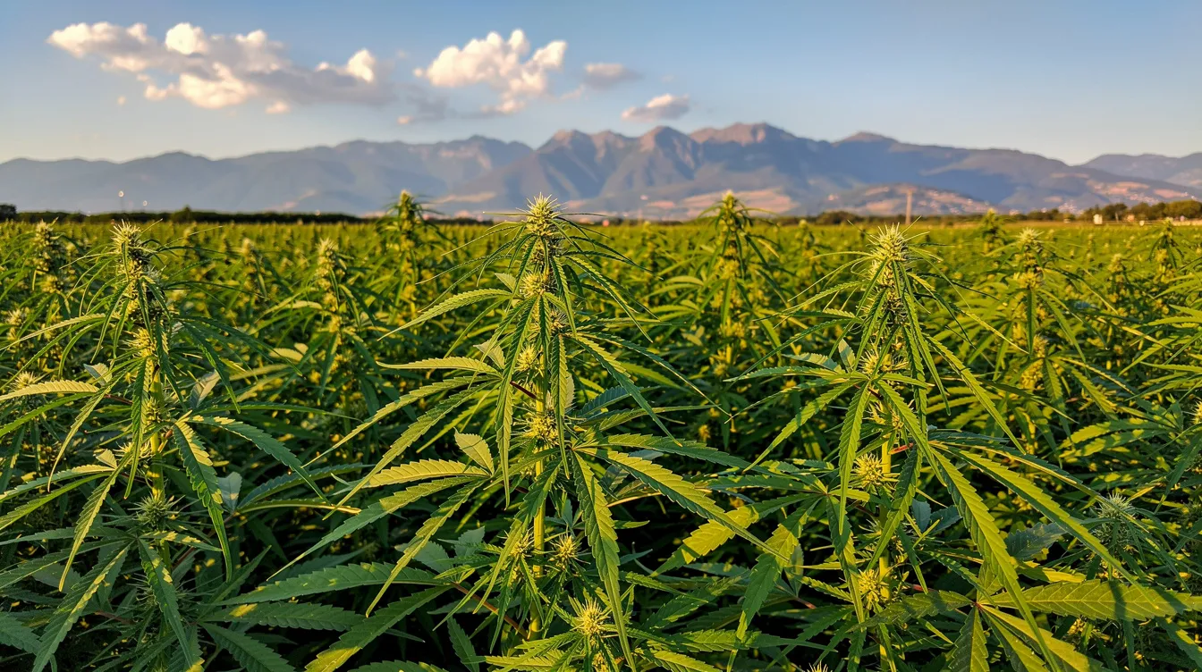 The image depicts vibrant green hemp plants thriving in a sunny field, with majestic mountains rising in the background. This scene highlights the agricultural significance of the hemp plant, which is associated with hemp derived products and the legal status of cannabis in various regions, including Utah.