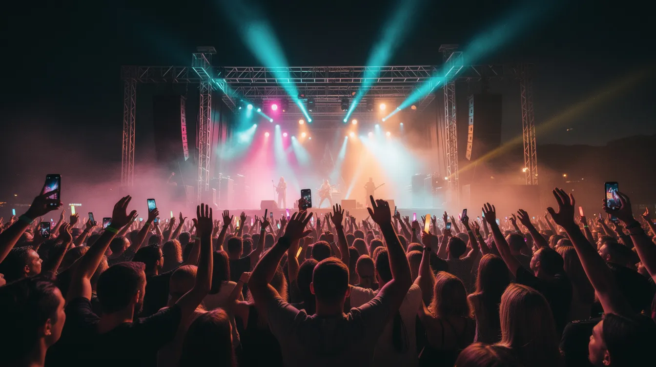 Das Bild zeigt ein begeistertes Konzertpublikum bei Nacht, das mit erhobenen Händen die Rockmusik feiert. Bunte Scheinwerfer beleuchten die Bühne, auf der möglicherweise bekannte deutsche Bands wie Die Ärzte oder Tokio Hotel auftreten.