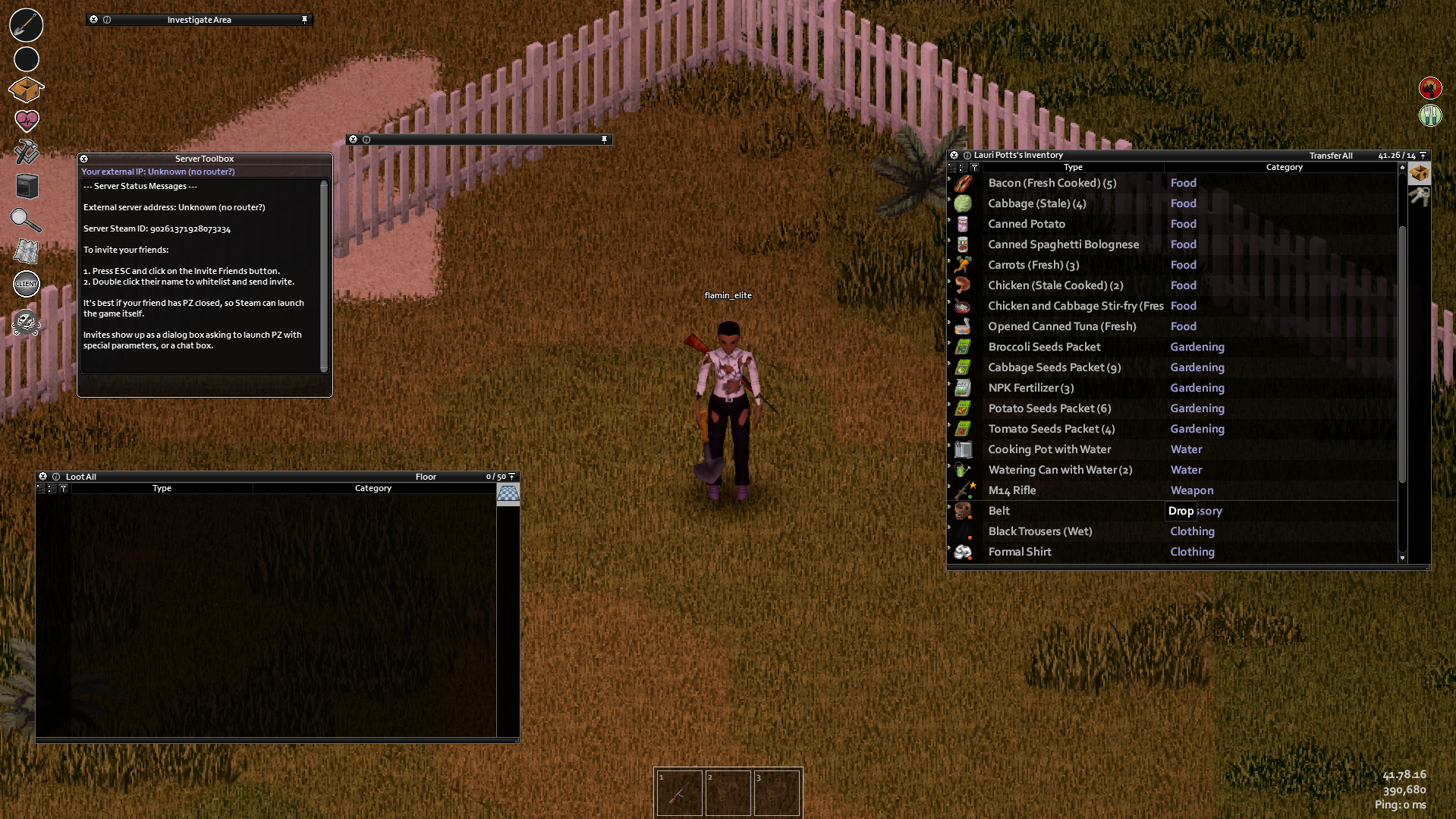 The inventory screenshot with farming equipment and tools.