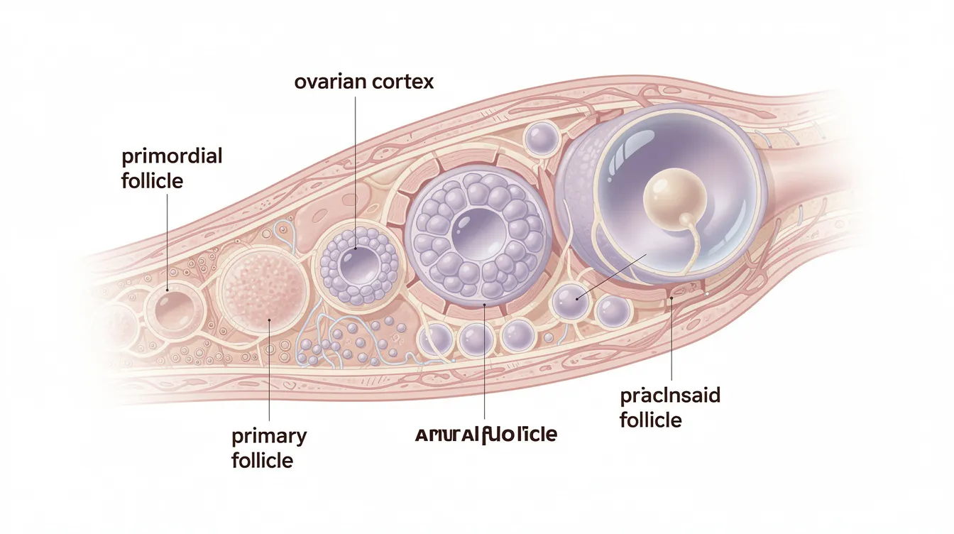 L'image représente une coupe transversale d'un ovaire humain, montrant plusieurs follicules à différents stades de développement, allant des follicules antraux aux ovocytes en maturation. Cette illustration met en évidence la structure complexe de l'organe et son rôle essentiel dans le cycle menstruel et la fertilité féminine.