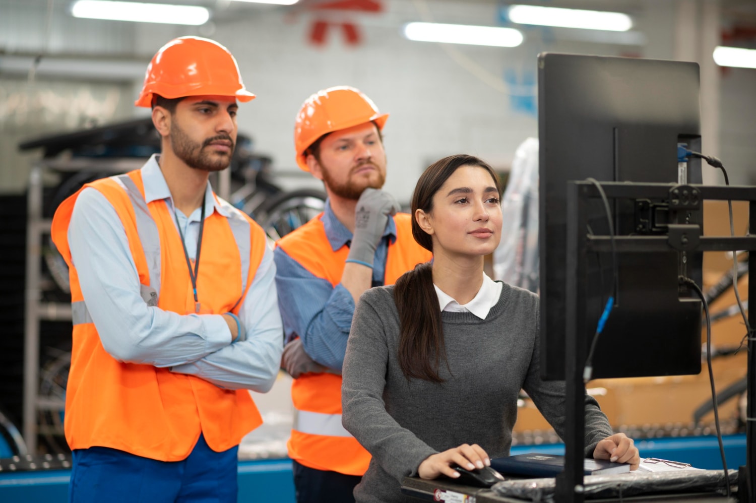A female operator stands at a desktop computer while two male engineers in orange vests and hard hats observe the screen. UCaaS solutions enable this team to use cloud telephony and unified communications to access shared dashboards and coordinate tasks via cloud-based communication.