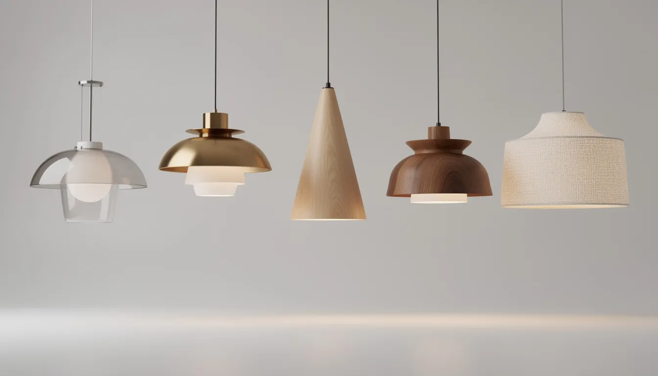 En samling av olika taklampor i material som glas, mässing, trä och tyg, som visar på variationen i design och stil. Dessa lampor är perfekta för att skapa rätt belysning i vardagsrummet och ger en mysig atmosfär.