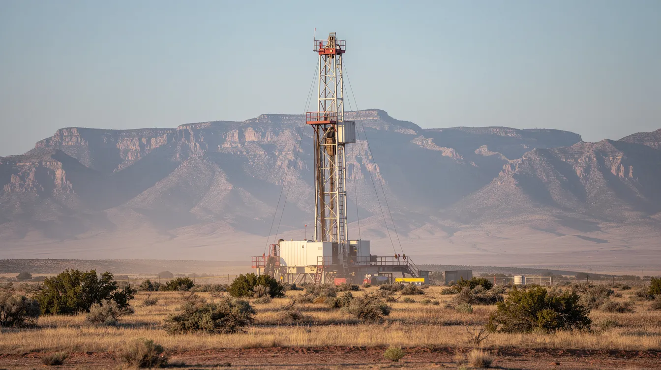 The image depicts an oil and gas drilling rig prominently situated in a vast western landscape, with majestic mountains rising in the background under a clear blue sky. This scene highlights the energy industry’s traditional practices amidst the natural beauty, contrasting with the growing focus on renewable energy projects and sustainable practices.