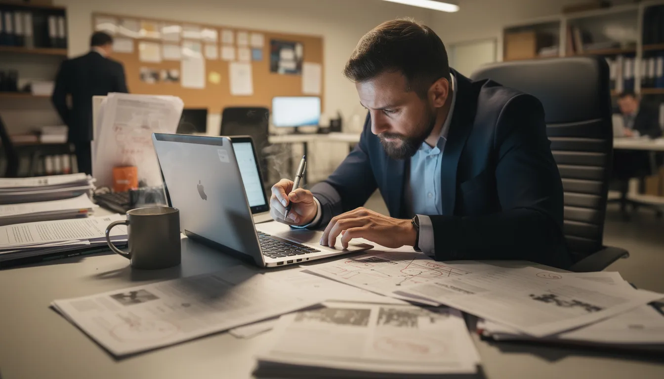 A journalist is seated at a desk with a laptop and a cup of coffee, intently reviewing documents while preparing to write a press release. The workspace is organized, reflecting a professional atmosphere conducive to media coverage and public relations tasks.