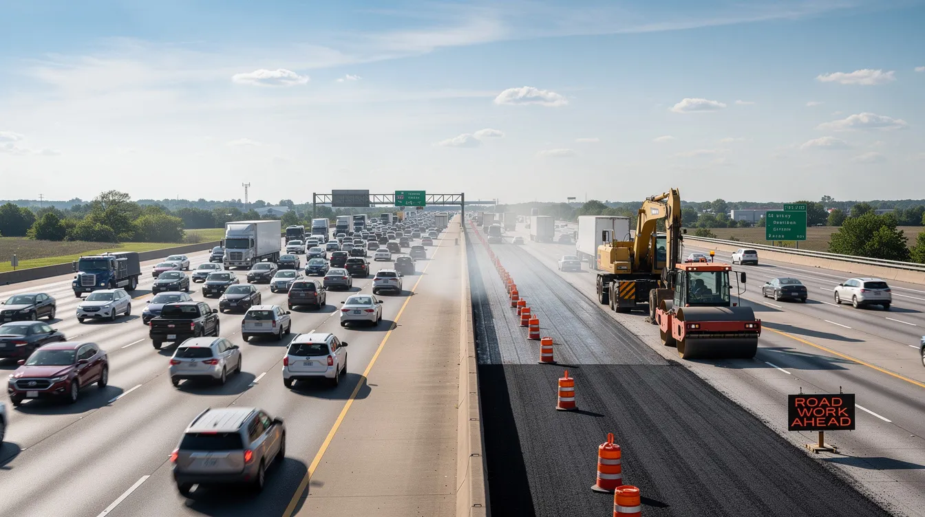 The image depicts a busy multi-lane interstate highway with construction equipment stationed on the shoulder, highlighting the ongoing work that may affect traffic flow. This scene can serve as a reminder of the potential for car accidents and the importance of experienced personal injury attorneys in Florida for those affected by such incidents.