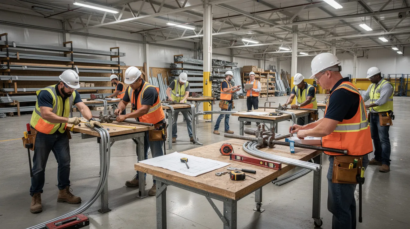 A group of construction apprentices is engaged in a hands-on training workshop, practicing conduit bending techniques essential for their skill development in the construction industry. This training is part of their apprenticeship programs aimed at preparing them for successful careers as skilled construction workers.
