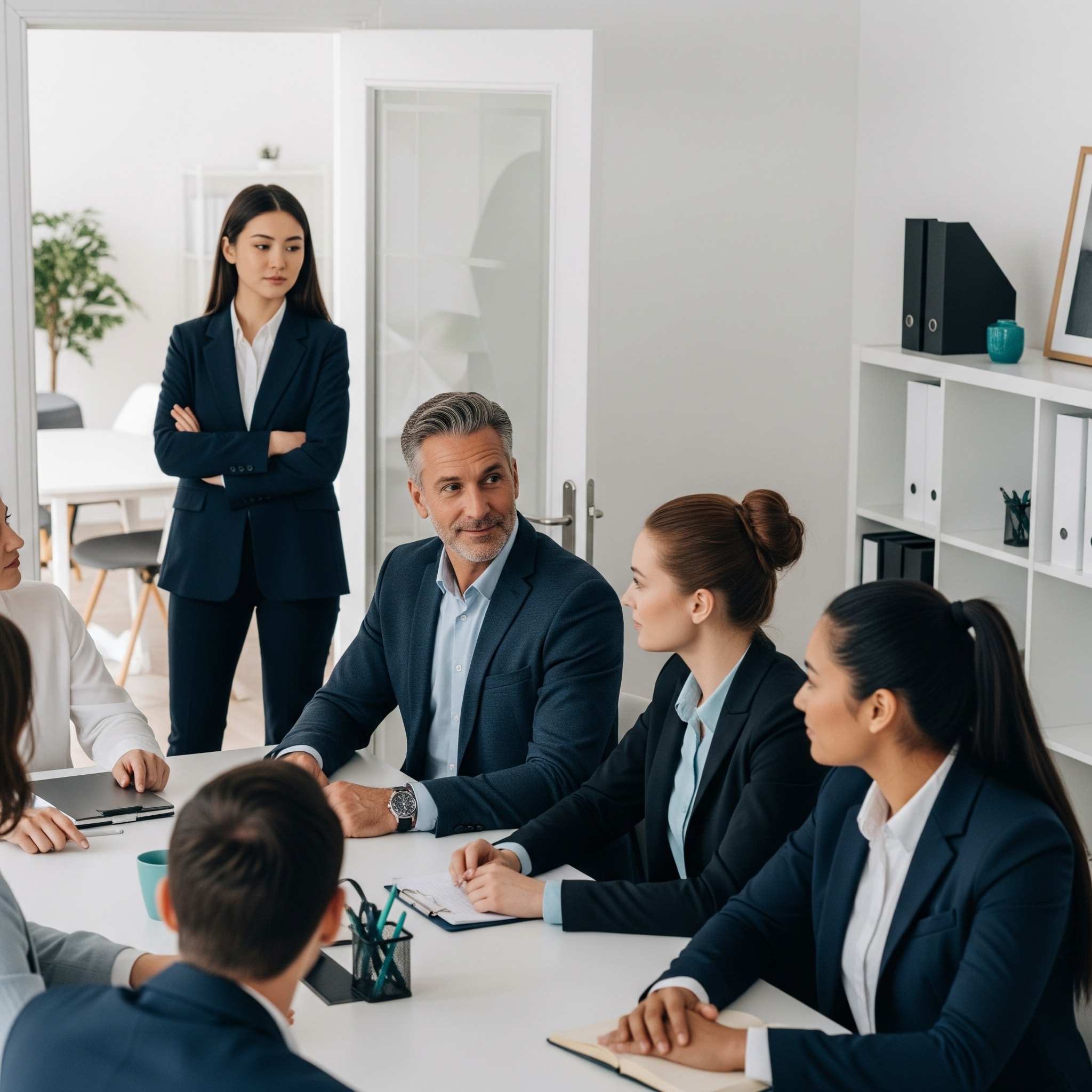 Photo of a diverse team seated around a modern office table in active discussion, with a new job candidate standing slightly apart, observing or approaching. The team appears engaged, while some members glance toward the candidate with curiosity or subtle hesitation. The environment is clean and professional, featuring soft lighting and a neutral color palette with navy and teal accents—visually conveying the moment before a new team dynamic is formed.