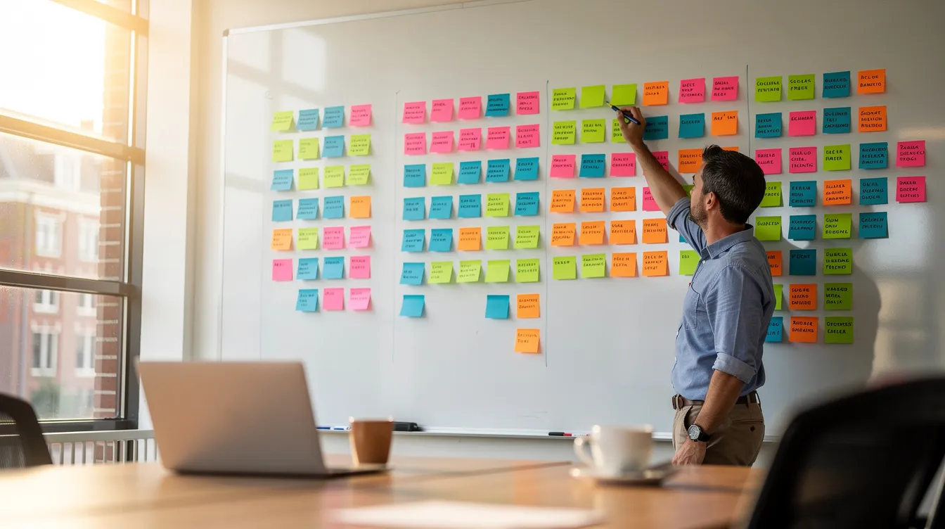 Een ondernemer staat voor een whiteboard en werkt met gekleurde post-its om strategische beslissingen te maken. Hij analyseert interne en externe factoren, zoals sterke en zwakke punten, om waardevolle inzichten te verkrijgen voor zijn SWOT-analyse.