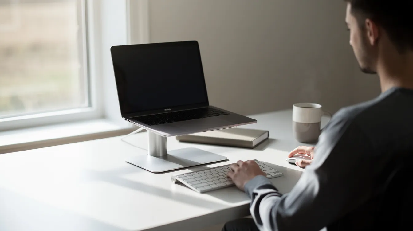 Eine Person sitzt an einem aufgeräumten Schreibtisch, auf dem ein Laptop auf einem stabilen Metallständer platziert ist. Neben dem Laptop befindet sich eine externe Tastatur und ein Kaffeebecher, während helles Tageslicht durch ein Fenster strömt.
