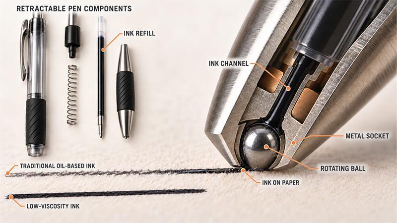 Annotated ballpoint pen cutaway showing the ink refill, ink channel, metal socket, rotating ball, and ink transfer onto paper